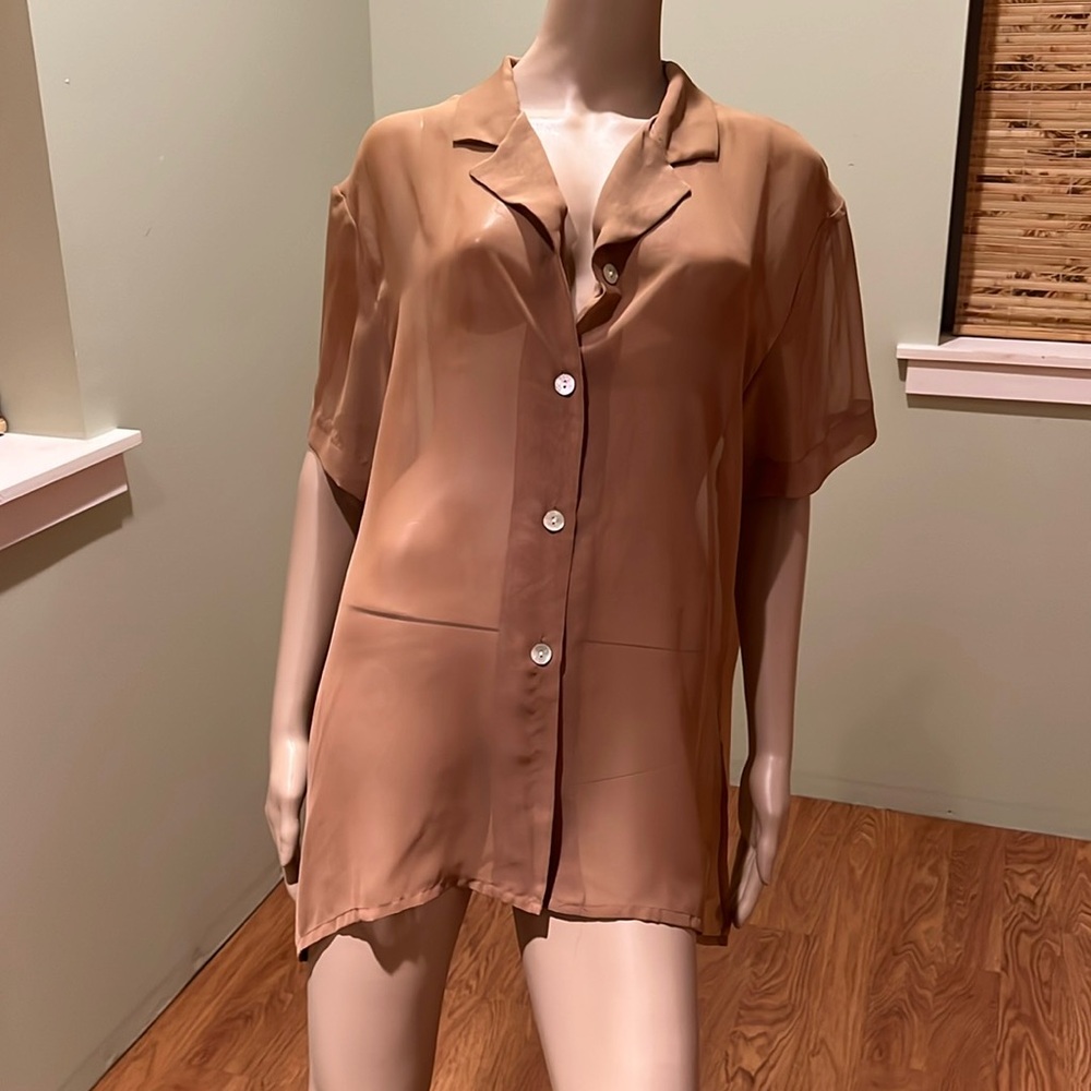 In Wear Brown Sheer Blouse With Button Down Front And Short Sleeves Size M